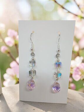 Iridescent Pink Crystal Teardrop Drop Earrings